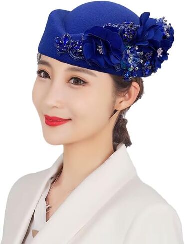 Vintage Felt Turban Hat for Women Church Derby Fascinator with Flower Ladies Soft Beret Caps for Party Airline Stewardess Hat in Saudi Arabia
