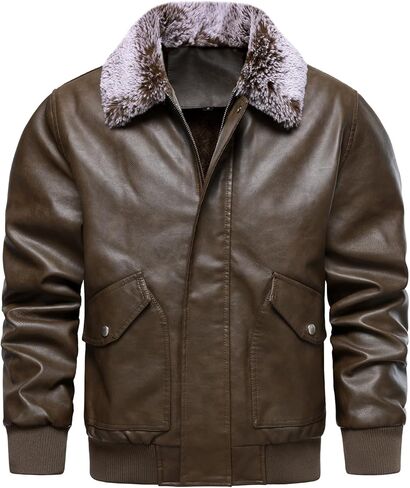 HOOD CREW Mens Faux Leather Flight Bomber Jacket with Fur Collar Winter Warm Fleece Lined Jackets in Saudi Arabia