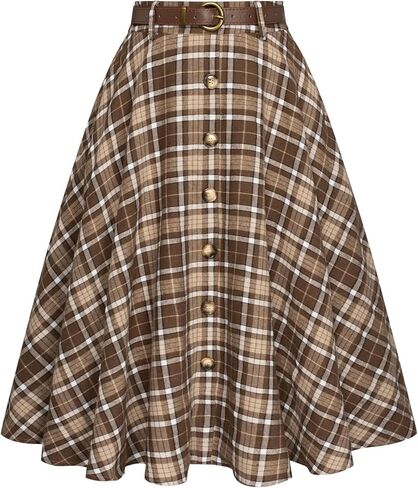 تنورة نسائية منقوشة على شكل حرف A من Belle Poque تنانير متوسطة الطول ذات ثنيات ومتوهجة تنانير الخريف والشتاء مع جيوب وأحزمة in Kuwait