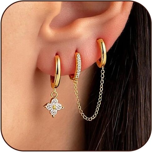 Earrings Stacks for Women Small Hoop Earrings with Gold Layered Helix Chain Secure Locking Backs for Cartilage Double Piercings Wedding Prom Dress Jewelry Accessories Christmas Gifts in Saudi Arabia