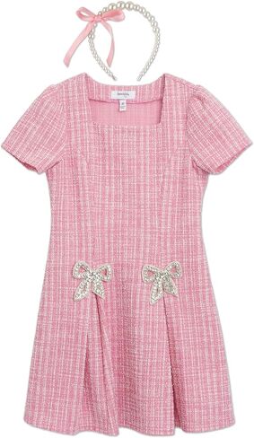 Speechless Girls Short Sleeve Boucle Knit Pleated Mini Dress with Rhinestone Accents and Headband in Saudi Arabia