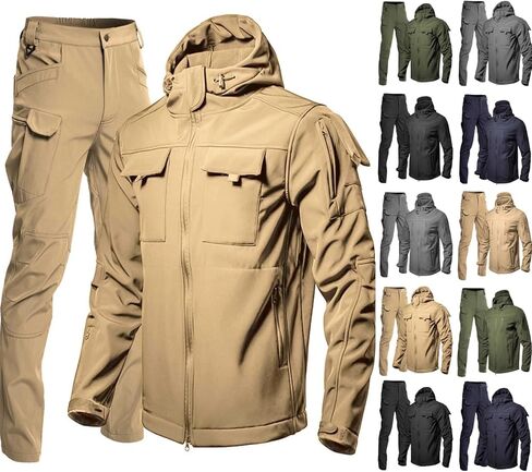 JiXiang Mens Track Suits 2 Piece Set Tactical Jacket and Pants Sweatsuits Winter Thermal Soft Shell Hooded Military Outfits in Saudi Arabia