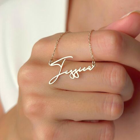14k Solid Gold Name Necklace Personalized, Custom Script Nameplate Necklace, Dainty Custom Name Necklace For Women, Nameplate Customized Pendant, Gift for Her, 14K Solid Gold and Gold Plated Options in Kuwait