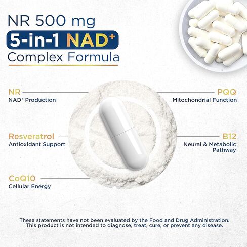مكمل NAD+ مع 500 ملغ من NR، ريسفيراترول، CoQ10، PQQ- تركيبة NAD 5 في 1 | بديل مكمل NMN | NAD Resveratrol يدعم الطاقة الخلوية والشيخوخة الصحية، صنع في الولايات المتحدة الأمريكية - 60 كبسولة in Saudi Arabia