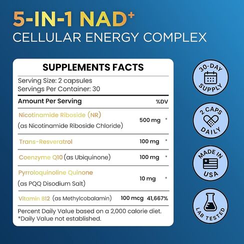 مكمل NAD+ مع 500 ملغ من NR، ريسفيراترول، CoQ10، PQQ- تركيبة NAD 5 في 1 | بديل مكمل NMN | NAD Resveratrol يدعم الطاقة الخلوية والشيخوخة الصحية، صنع في الولايات المتحدة الأمريكية - 60 كبسولة in Saudi Arabia