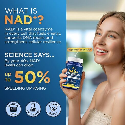مكمل NAD+ مع 500 ملغ من NR، ريسفيراترول، CoQ10، PQQ- تركيبة NAD 5 في 1 | بديل مكمل NMN | NAD Resveratrol يدعم الطاقة الخلوية والشيخوخة الصحية، صنع في الولايات المتحدة الأمريكية - 60 كبسولة in Saudi Arabia
