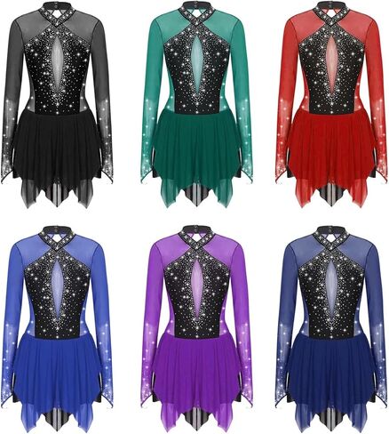 Figure Skating Dress Metallic Gymnastic Leotards Dress Rhythmic Gymnastics Figure Skating Jumpsuit Ballet Leotard in Saudi Arabia