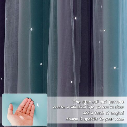 ستائر NICETOWN بطول 84 بوصة - ستارة باب زجاجية منزلقة واسعة جدًا للفناء، ستائر مقطوعة على شكل نجمة، ستائر تعتيم متدرجة مع طبقة بيضاء شفافة لحضانة الأطفال، W100 x L84، أزرق مخضر، قطعة واحدة in Saudi Arabia