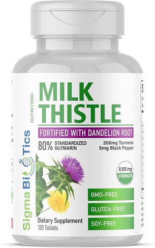 Milk Thistle Extract 9105mg – Fortified with Dandelion Root, Turmeric, Black Pepper, NAC, Choline & Taurine – 80% Standardized Silymarin for Liver Support – GMO-Free, Gluten-Free, Soy-Free 120 Tablets in Saudi Arabia