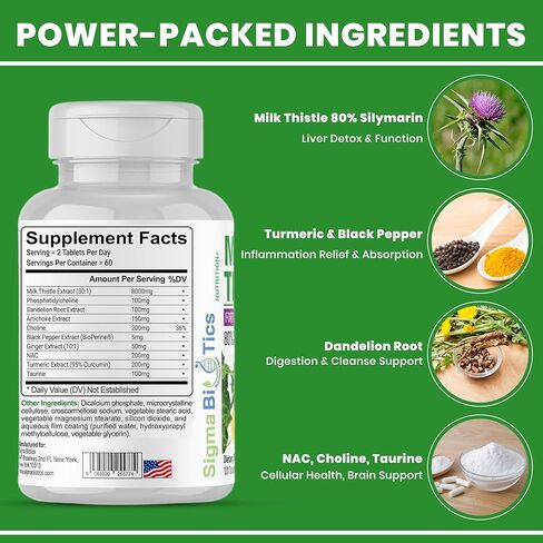Milk Thistle Extract 9105mg – Fortified with Dandelion Root, Turmeric, Black Pepper, NAC, Choline & Taurine – 80% Standardized Silymarin for Liver Support – GMO-Free, Gluten-Free, Soy-Free 120 Tablets in Saudi Arabia