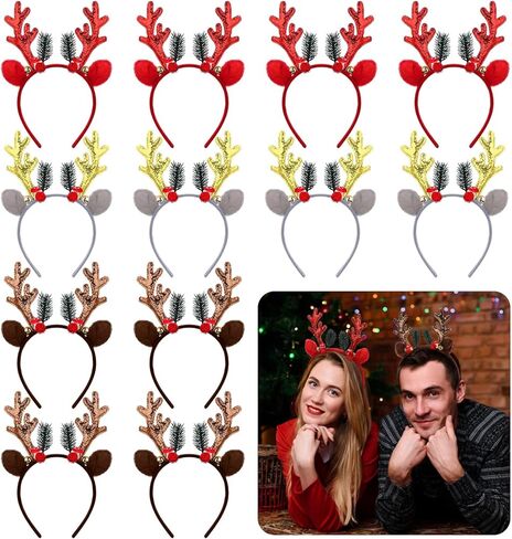 12 Pcs Christmas Headbands Glitter Elk Antlers Hair Bands Cute Xmas Deer Headbands with Berry Bell Holiday Party Gift Xmas Reindeer Costume for Women Costume Accessory in Saudi Arabia