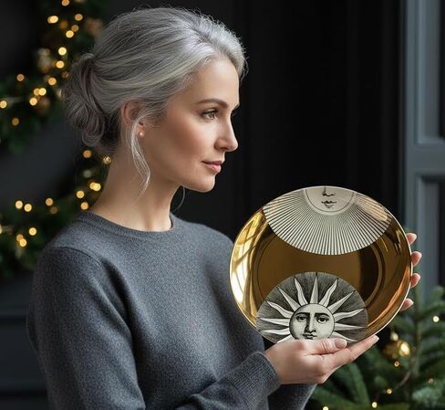 لوحة زخرفية من AlphaDesignLuxe مقاس 8 بوصات على شكل عظمة صينية مع ملصق ذهبي عيار 24 قيراطًا - لوحة فنية حديثة للحائط/الحامل، الشمس والقمر in Kuwait