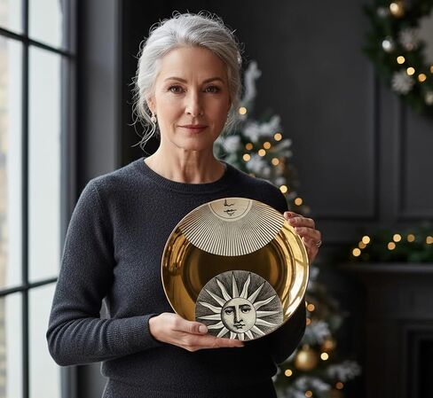 لوحة زخرفية من AlphaDesignLuxe مقاس 8 بوصات على شكل عظمة صينية مع ملصق ذهبي عيار 24 قيراطًا - لوحة فنية حديثة للحائط/الحامل، الشمس والقمر in Kuwait