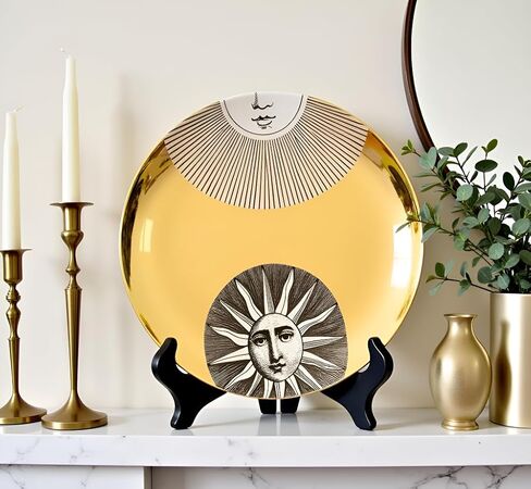 لوحة زخرفية من AlphaDesignLuxe مقاس 8 بوصات على شكل عظمة صينية مع ملصق ذهبي عيار 24 قيراطًا - لوحة فنية حديثة للحائط/الحامل، الشمس والقمر in Kuwait