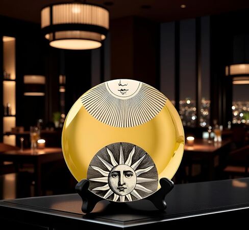 لوحة زخرفية من AlphaDesignLuxe مقاس 8 بوصات على شكل عظمة صينية مع ملصق ذهبي عيار 24 قيراطًا - لوحة فنية حديثة للحائط/الحامل، الشمس والقمر in Kuwait