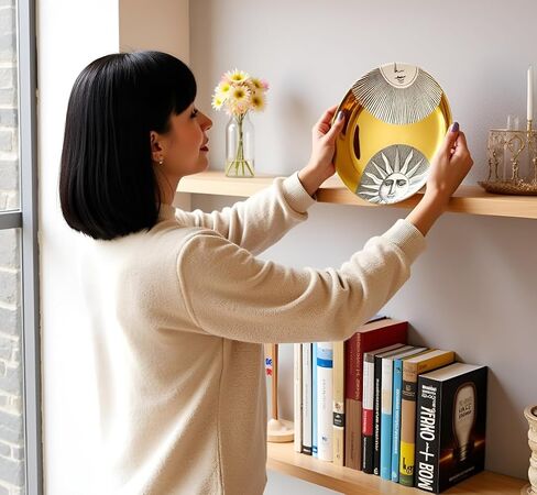 لوحة زخرفية من AlphaDesignLuxe مقاس 8 بوصات على شكل عظمة صينية مع ملصق ذهبي عيار 24 قيراطًا - لوحة فنية حديثة للحائط/الحامل، الشمس والقمر in Kuwait