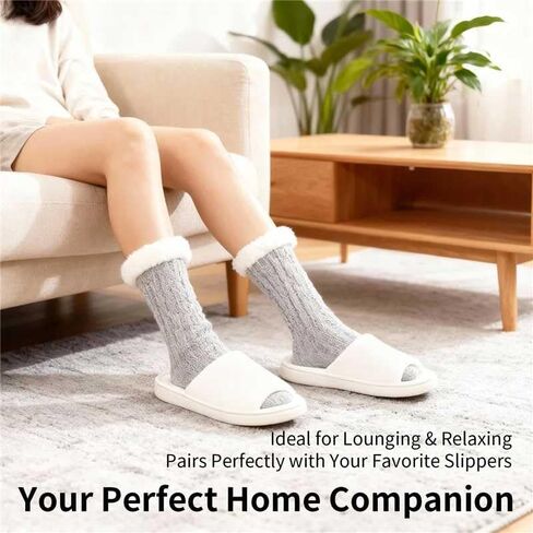 جوارب نسائية - جوارب منزلية مبطنة بالصوف غير قابلة للانزلاق للنساء، جوارب أرضية محبوكة مريحة مع مقابض in Kuwait