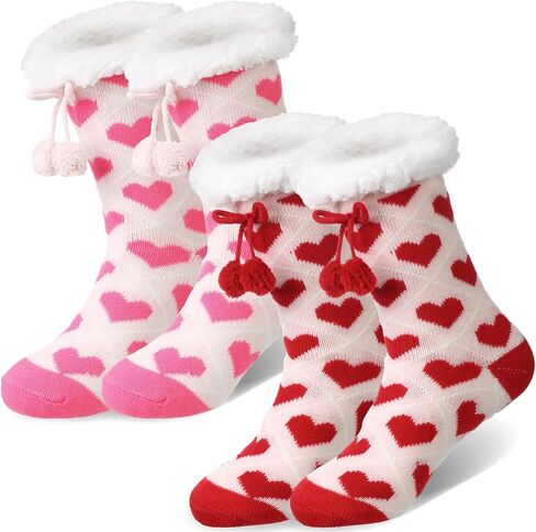Suhine 2 Pairs Valentines Day Slipper Socks Women Heart Red Pink White Grip Fuzzy Fluffy Warm Thick Thermal Cozy Winter Socks in Saudi Arabia