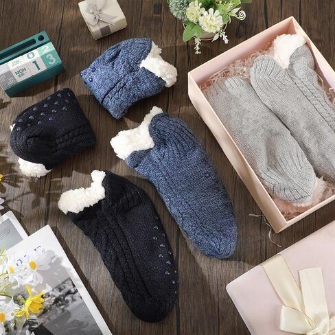 Foaincore 3 Pair Fuzzy Slipper Socks with Grip for Women Men Non Slip Thermal Winter Sock Thick Christmas Gift for Home Cabin in Saudi Arabia