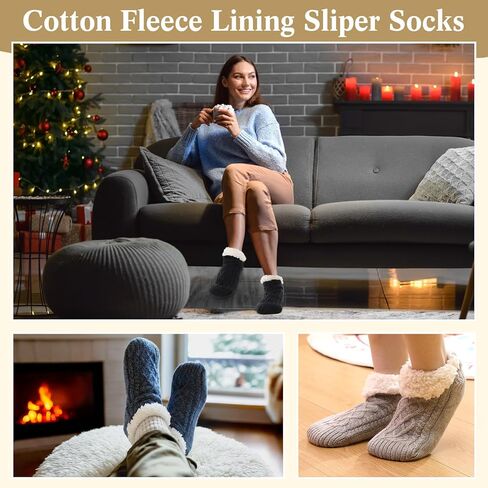 Foaincore 3 Pair Fuzzy Slipper Socks with Grip for Women Men Non Slip Thermal Winter Sock Thick Christmas Gift for Home Cabin in Saudi Arabia