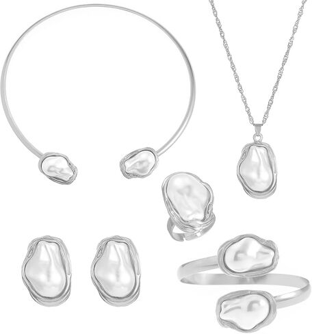 Pearl Jewelry Set for Women,5 Pieces Baroque Pendant Necklace Ring Earrings Bracelet Irregular Pearl Choker Neckalce Jewelry Set Trendy Collar Neckacles Earring Ring Sets for Women in Saudi Arabia