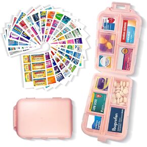 Pill Organizer with Medicine Labels 161 Labels Travel Daily Pill Container Mini Medication Organizer Storage Pill Organizer Travel Essentials Pill Case 7 Day Pill Organizer (Beige, 1 Pack)