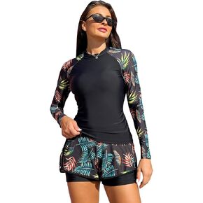 LOPHITIN Women Two Piece Rash Guard Long Sleeve Swimsuits UV UPF 50+ Swim Shirt Bathing Suit with Boyshort Bottom