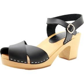 BJORK Women's Mid-Heel Wooden Leather Clog Sandals