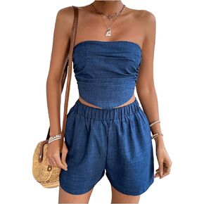 MakeMeChic Women's 2 Piece Summer Outfits Strapless Ruched Shirred Bandeau Tube Crop Top Shorts Set