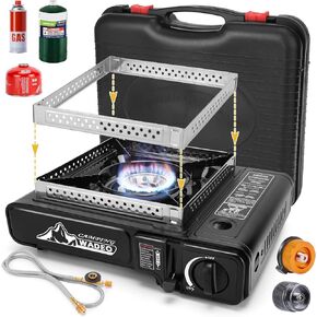 WADEO ثلاثة موقد وقود، موقد تخييم محمول 3 في 1 مع خرطوم تمديد من الفولاذ المقاوم للصدأ بطول 1 متر، ومحول خزان البروبان 1 رطل ومحول البيوتان، موقد غاز محمول للطهي في الهواء الطلق، والشواء، والسفر RV in Kuwait