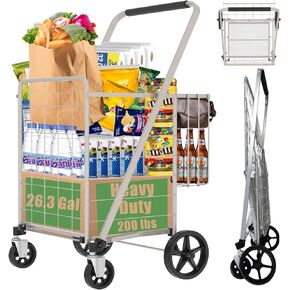 Shopping Carts for Groceries, 320lbs Jumbo Grocery Cart with Waterproof Liner & Double Basket, Foldable Shopping Cart with 360° Swivel Wheels, Dense Metal Mesh Base Utility Carts for Condo/Laundry