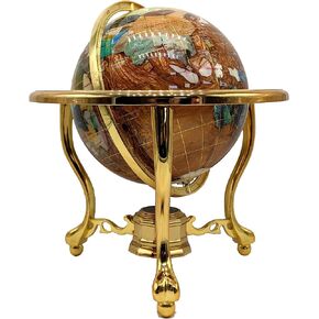 14" Tall Amber Pearl Gold Stand Gem Gemstone World Map Globe Globes Maps