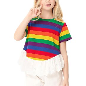 Kukume Girls 2024 Summer Short Sleeve Tops Crewneck Color Block Striped T-Shirts Ruffle Tunic Tees Blouses