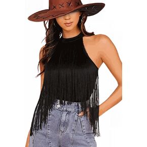 Ella Lust Women Fringe Bodysuit - Cowgirl Outfit Boho Tassel One Piece Sleeveless Leotard High Neck High Cut Skinny Tank Top