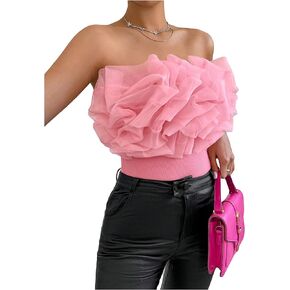 SHENHE Women's Elegant Strapless Ruffle Trim Appliques Sleeveless Bodysuit Tank Tops