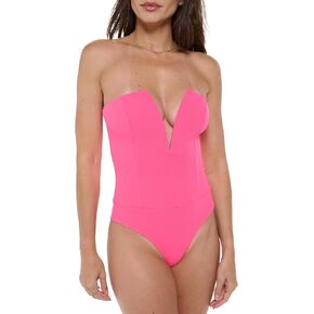 Stylish FABRIC Women's Strapless Deep V-Neck Bodysuit, Sexy Casual Cute Going Out Top Body Suit, Trendy Spring Summer 2024