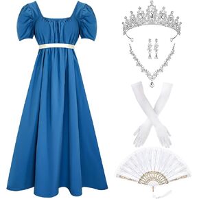 Xaatren 6 Pcs Women's Regency Dresses with Jewelry Set Blue Renaissance Dress Victorian Dresses for Women with Gloves Fan