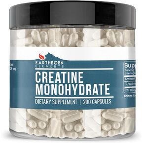 Earthborn Elements Creatine Monohydrate 200 Capsules, Pure & Undiluted, No Additives
