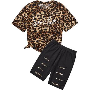 WDIRARA Girl's 2 Piece Summer Outfits Sets Leopard Print Tee Round Neck Short Sleeve T Shirt and Biker Shorts Sets