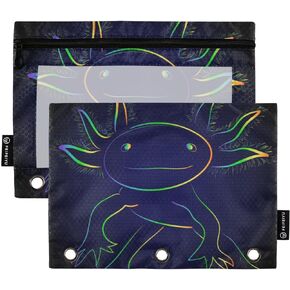 Glaphy Rainbow Axolotl Fish Binder Pencil Pouch 3 Ring, Clear Window Zipper Pencil Case Bags Office Supplies 2 Pack