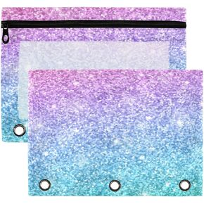 Kcldeci Pencil Pouch for 3 Ring Binder, Pink Blue Glitter Binder Pouches with Zipper Bulk, Pen Holder Case with Clear Window School Class Office Organizers, 2Pack