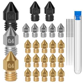22PCS 0.4mm MK8 Nozzles 3D Printer Extruder Nozzle Hardened Steel, Stainless Steel, Brass High Temperature Pointed Wear Resistant with Cleaning Needles for Makerbot, CR-10, Ender 3/Ender3 pro,Prusa i3