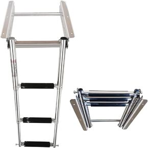 Mojiate Made Ladder Stainless Steel 3 Step Telescoping Folding Boat Ladder Boarding Ladder with Press-Type Spring for Boat Yacht Swimming Pool and More, Rated to 400 Pounds