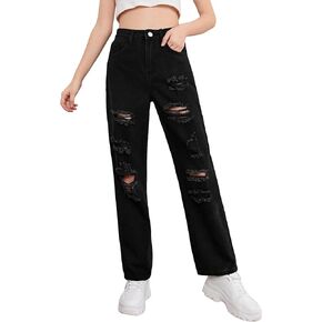 WDIRARA Girl's Ripped Frayed Straight Leg Zipper Fly Jeans Casual Long Denim Pants