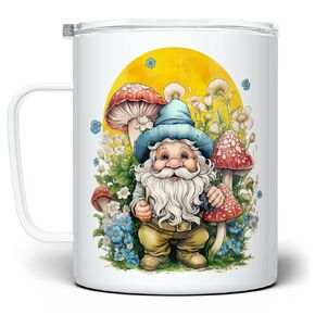 Garden Gnome Insulated Travel Coffee Mug with Lid, Cozy Cottagecore Mushroom Nature Cup (18oz)