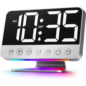 Odokee Digital Alarm Clocks for Bedrooms: Large Bold Number 5 Brightness Dimmer - Easy to Read Across The Room - 5 Alarm Sound 8 Night Light - Silver