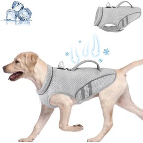 SlowTon Dog Cooling Vest with Handle - Pocket for Ice Pack, UV Protection Breathable Cooling Shirt for Large Medium Small Dog, Adjustable Cooling Jacket for Outdoor Hiking Walking Summer (GY, L)