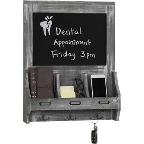 MyGift Wall Mounted Entryway Mail Holder and Key Organizer Rack in Rustic Graywashed Wood Finish with Decorative Chalkboard