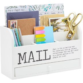 Juvale White Wooden 3 Tier Desktop Mail Organizer with Drawer - Wall Mounted Mail Holder Box for Countertop, Office, Files, Bills & Letters (11 In)