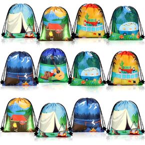 Woanger 15 Pieces Camping Party Favors Camping Adventure Drawstring Bags Candy Bags Car Camping Drawstring Bag Camping Goodie Candy Bags Backpack Birthday Party Supplies for Boys Kids
